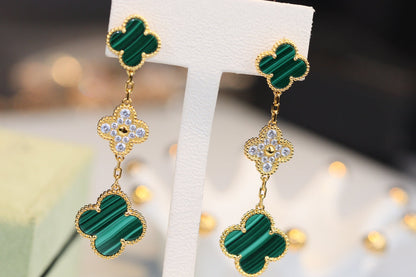[Kismet Jewels ]CLOVER EARRINGS GOLD MALACHITE DIAMOND 3 MOTIF