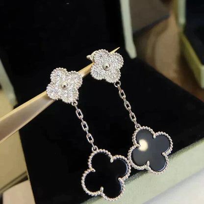 [Kismet Jewels ]CLOVER 2 MOTIFS  DIAMOND ONYX EARRINGS SILVER