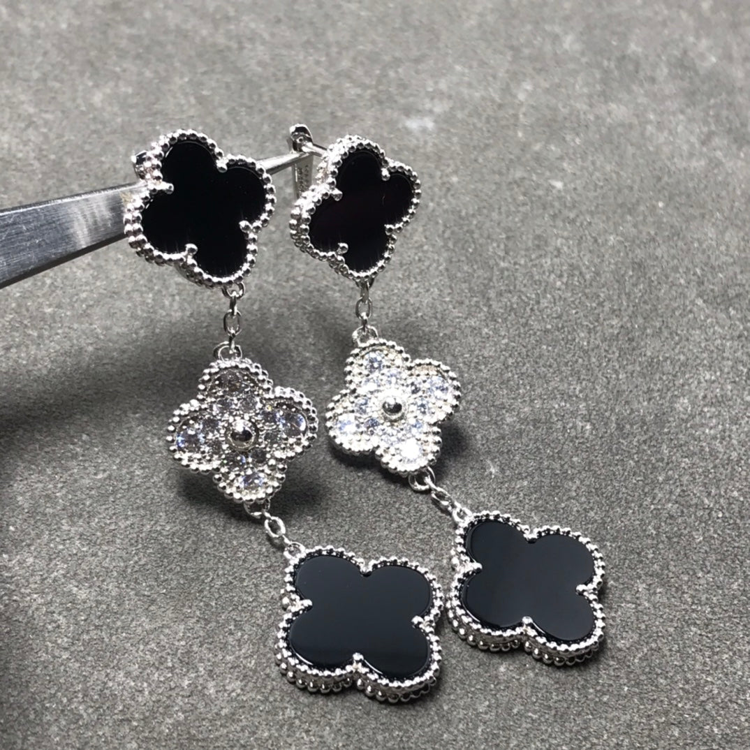 [Kismet Jewels ]CLOVER 3 MOTIF DIAMOND ONYX SILVER EARRINGS