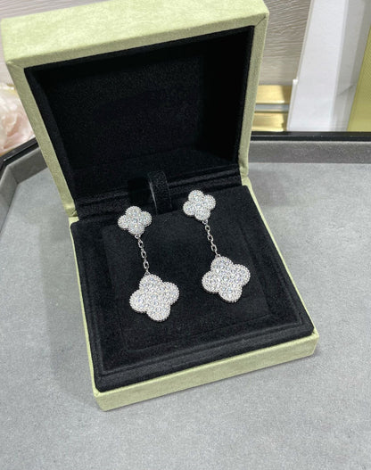 [Kismet Jewels ]CLOVER 2 MOTIFS DIAMOND PAVED SILVER EARRINGS