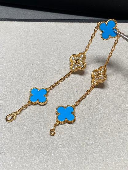 [Kismet Jewels ]CLOVER 5 MOTIF BLUE CHALCEDONY DIAMOND GOLD BRACELET
