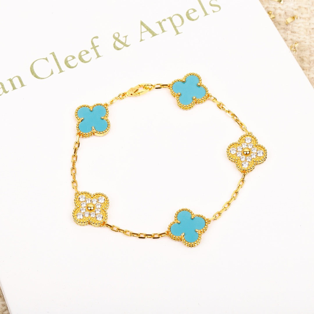 [Kismet Jewels ]CLOVER 5 MOTIF TURQUOISE DIAMOND GOLD BRACELET