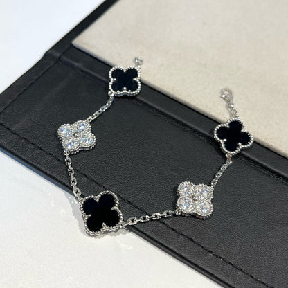 [Kismet Jewels ]CLOVER 5 MOTIF ONYXS DIAMOND BRACELET SILVER