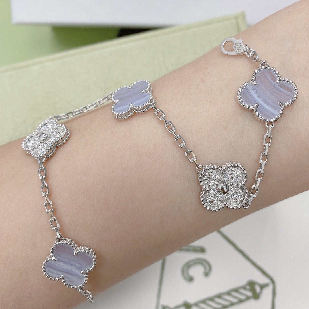 [Kismet Jewels ]CLOVER  5 MOTIF DIAMOND PURPLE CHALCEDONY BRACELET SILVER